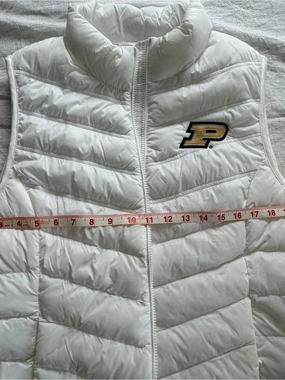 32 Degrees White Puffer Vest with Gold & Black Purdue 'P' Patch